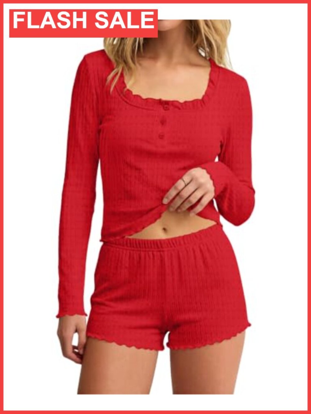 Ezbelle Two Piece Lounge Set Long Sleeve Crop Top Ruffle Short Pajamas